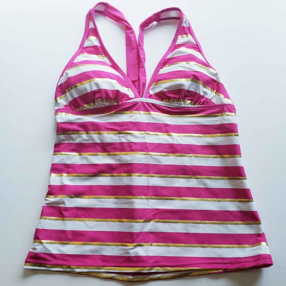 ♡♡New Bongo tankini top pink white & gold stripe MEDIUM